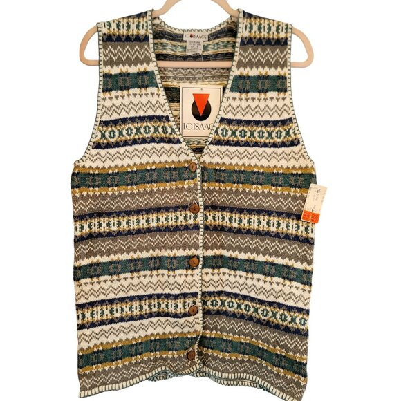 I.C. Isaacs 1990s Womens Knit Sweater Vest Small Fair Isle Vintage Deadstock New - Picture 1 of 8